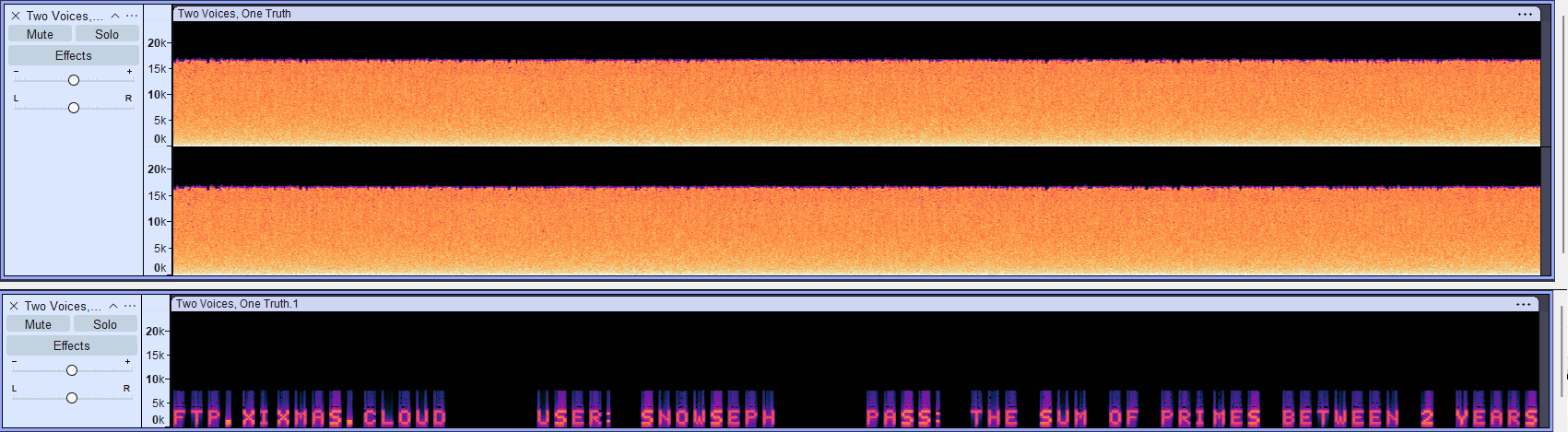 Screenshot from Audacity showing a Spectrogram before and after mixing stereo down to mono